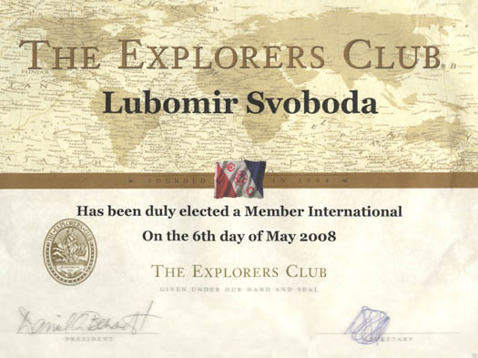 Certifikát Eplorers Club.